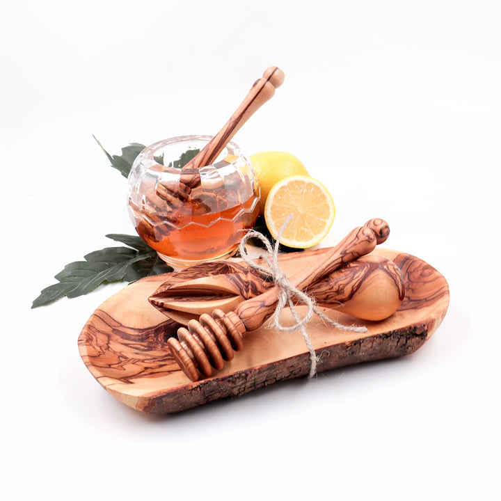 Olive Wood Tray with Honey Dipper & Lemon Reamer